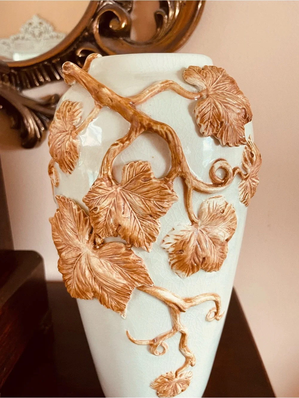 Vintage Fitz and Floyd White Ceramic Vase with Winding Gold Leaf Relief  10 1/2”